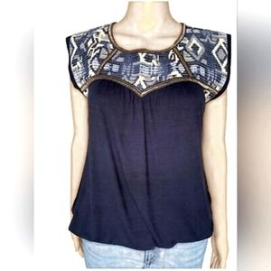 ANTHROPOLOGIE W5 Sleeveless Smocked Top Oversized Navy Blue Size M